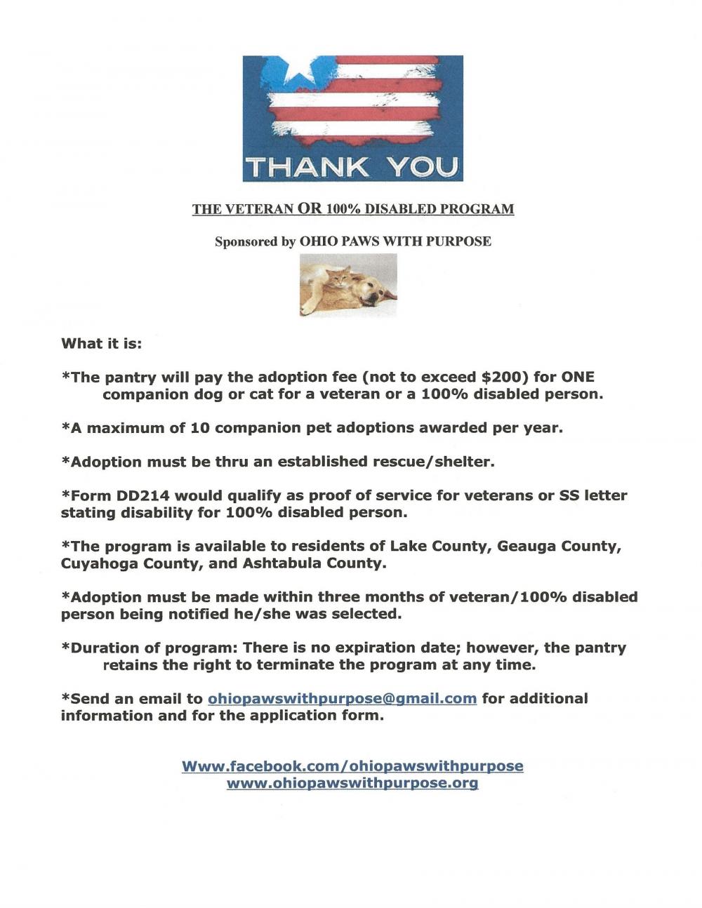 OHIO PAWS WITH PURPOSEVeteran OR 100 Disabled Program Willowick Ohio